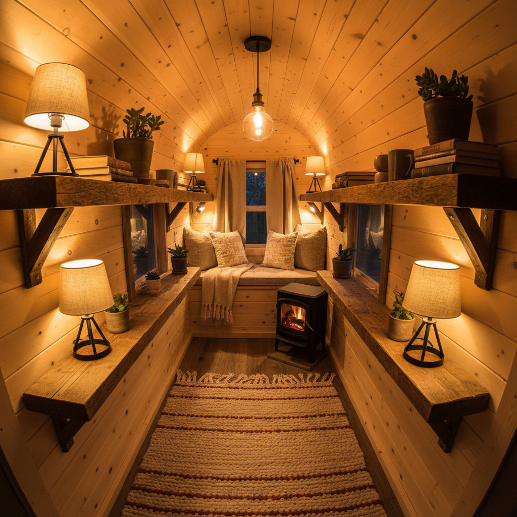 Cozy tiny house interior with warm lamp light and handbuilt wooden shelving