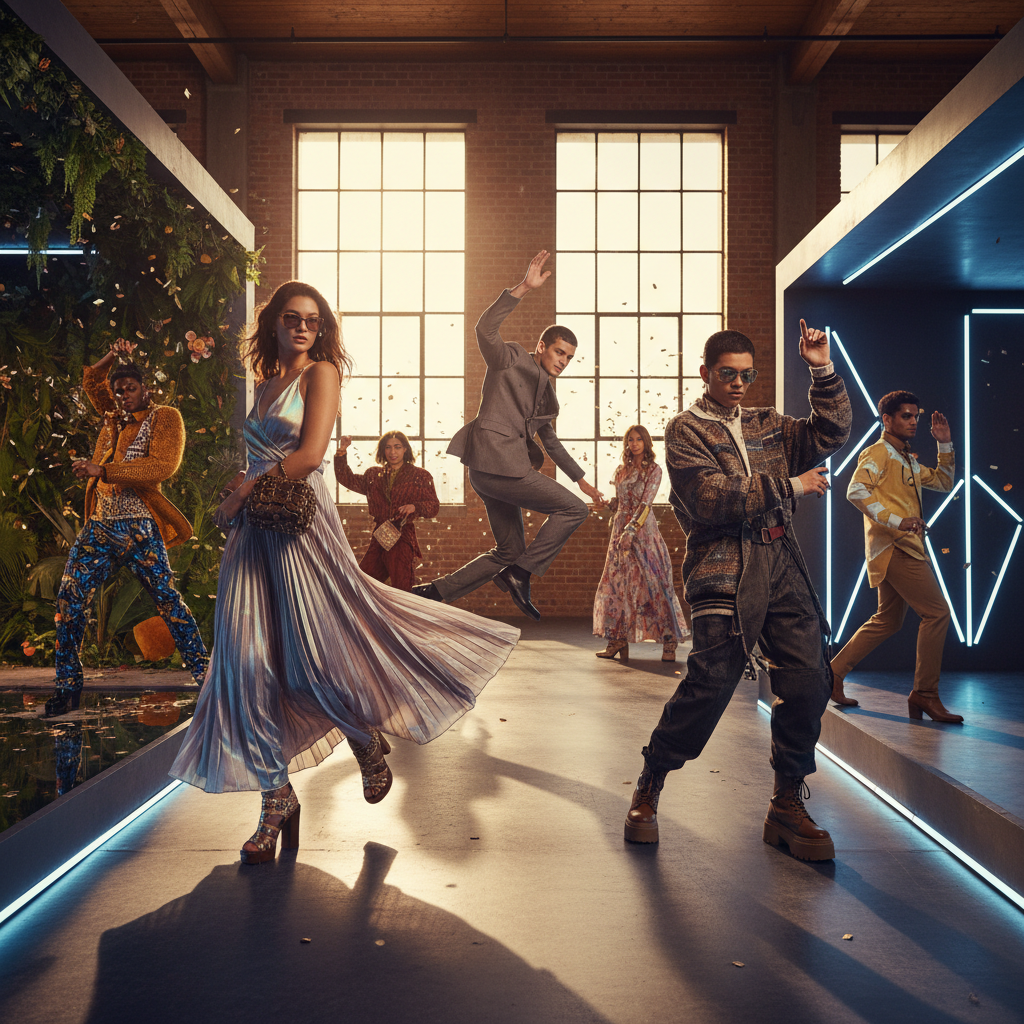 Multiple AI-generated product lifestyle shots showing fashion items in diverse styled scenes