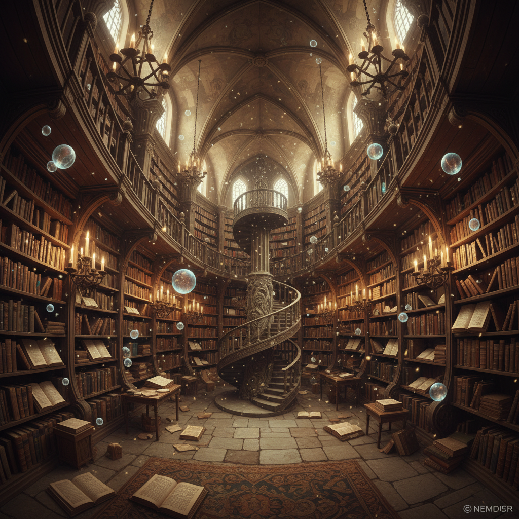 AI generated image: Oil painting style: ancient library with floating books, amber candlelight, dust