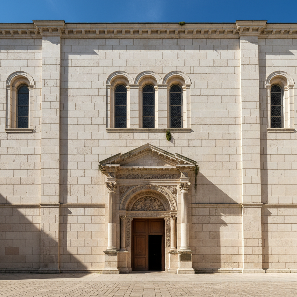 Precisely coursed ashlar limestone facade on a heritage restoration project in England