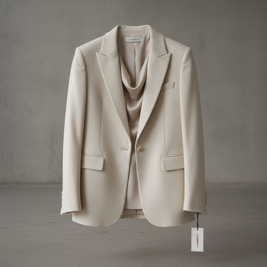 Minimalist fashion display with white and beige clothing on racks