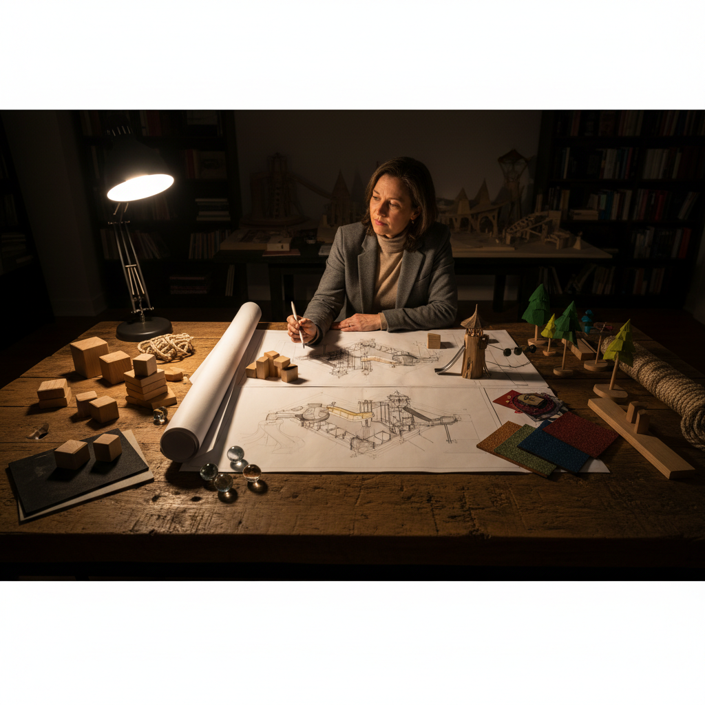 Interior designer reviewing furniture samples on a dark timber table in a dimly lit professional studio