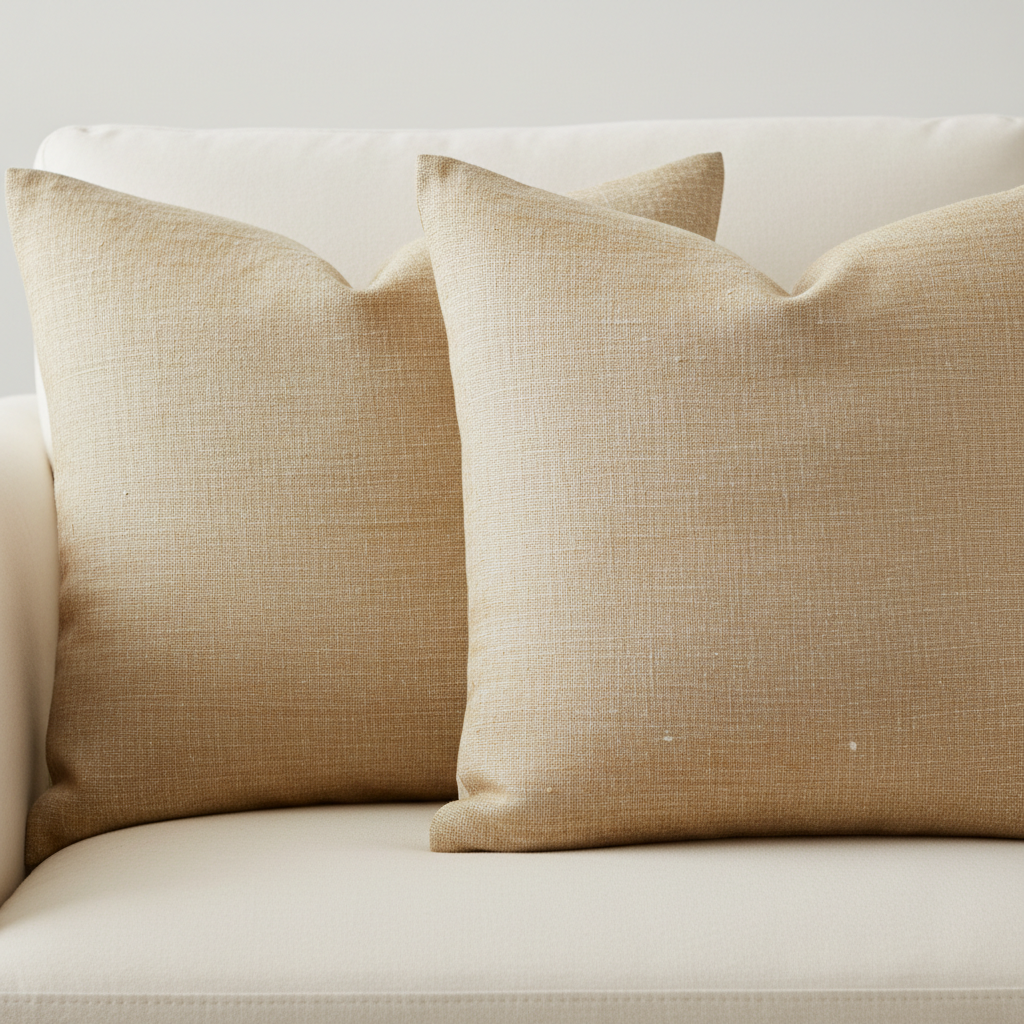 Linen cushions in warm earth tones on sofa