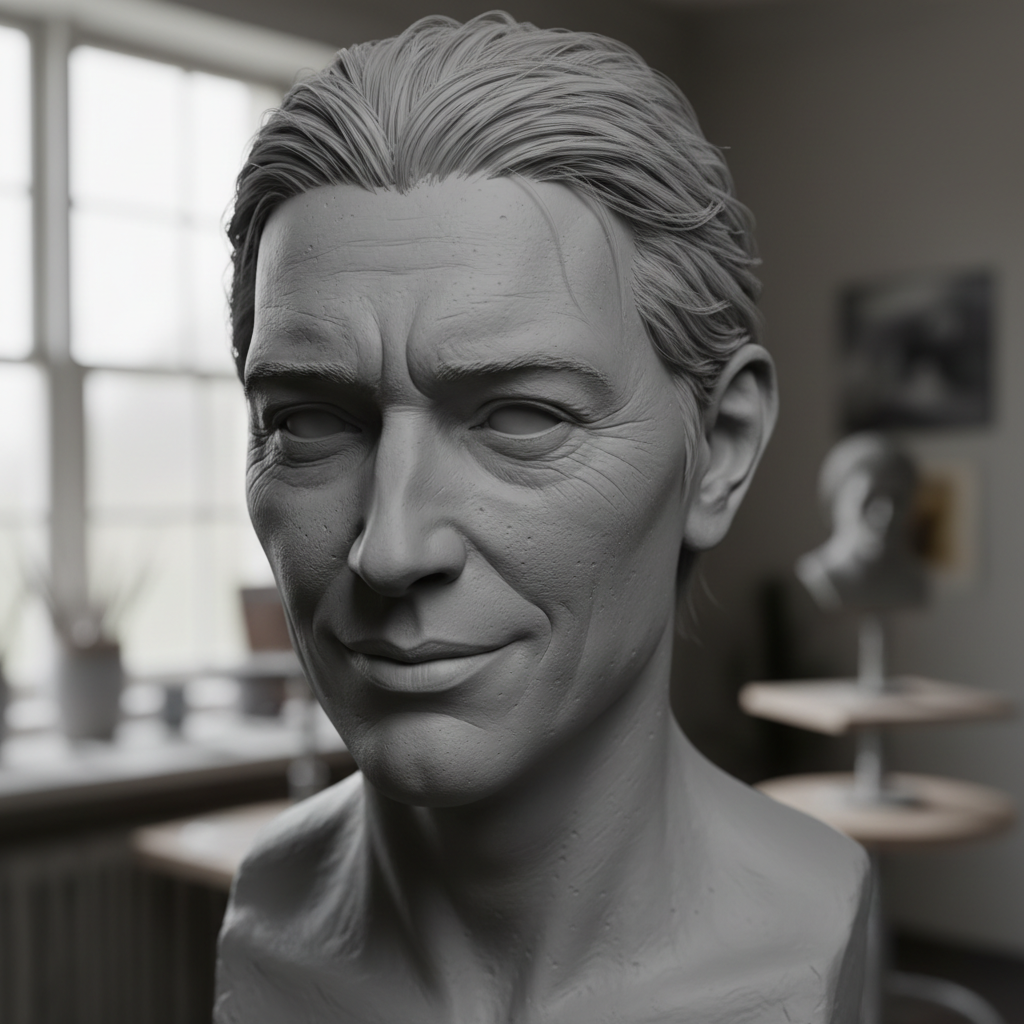 Detailed character head sculpt with realistic skin texture and expression