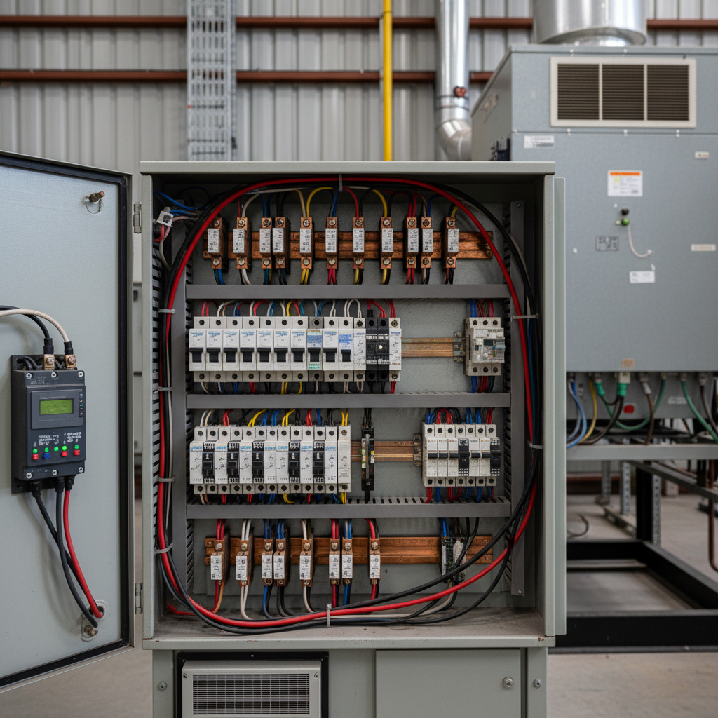 Close-up of an automatic transfer switch panel with circuit breakers and wiring in a mechanical room