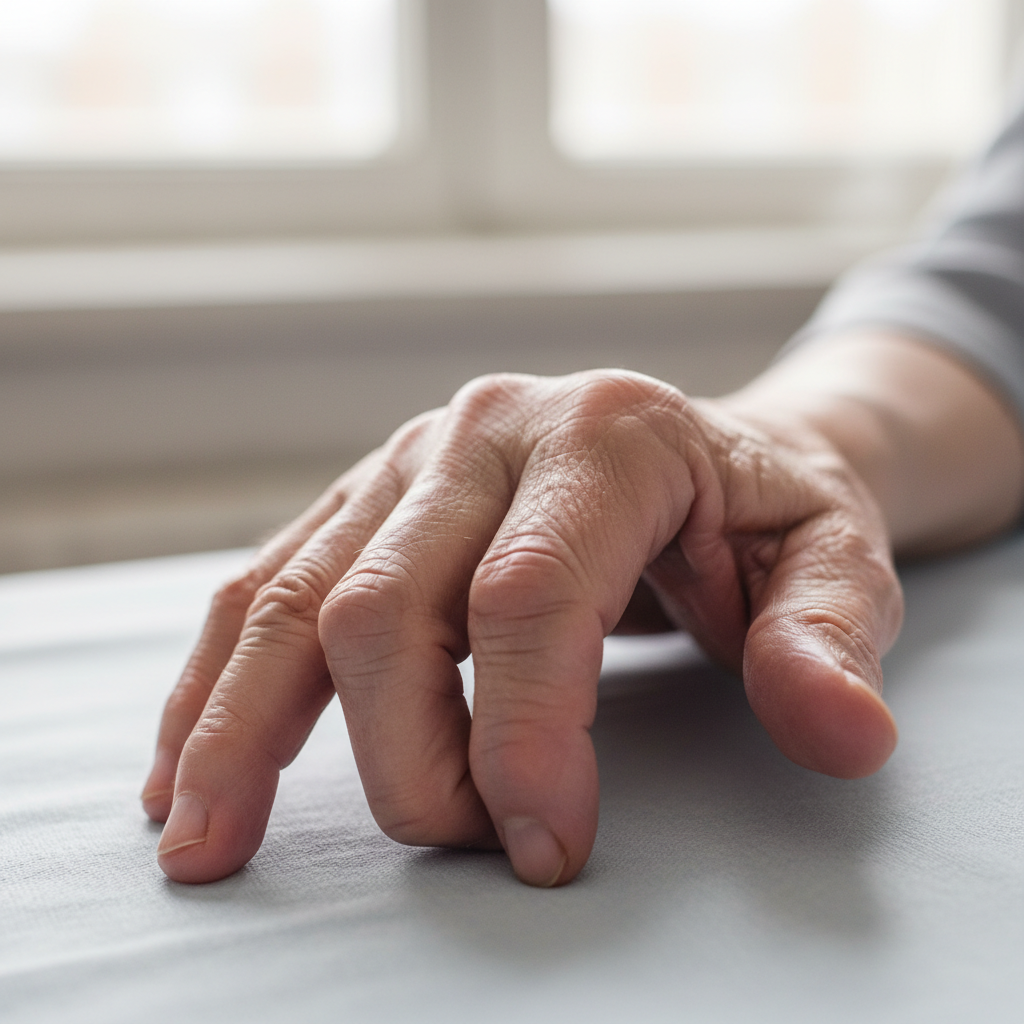 Close-up of hands with visible joint swelling consistent with osteoarthritis, soft clinical lighting