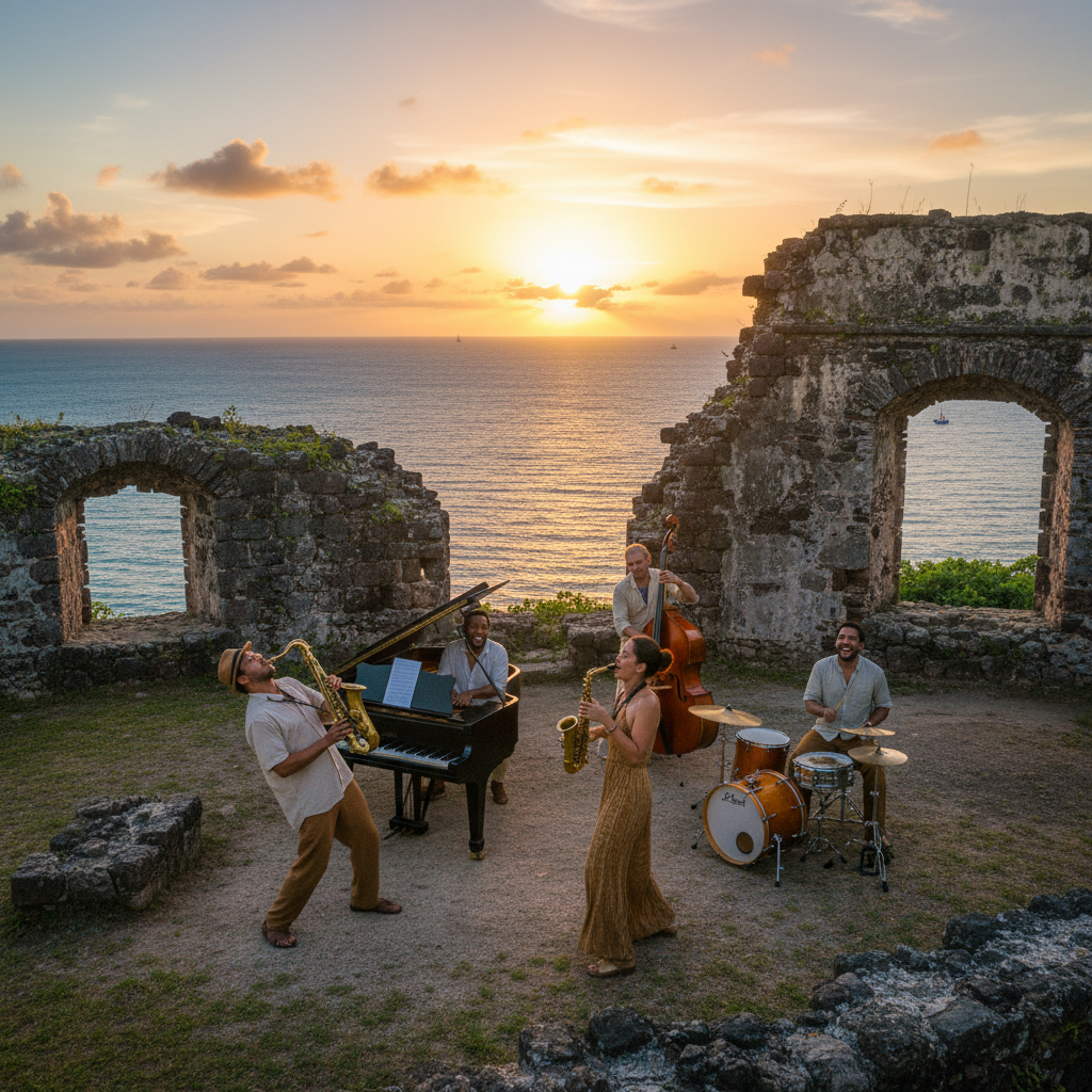 Jazz musicians performing at sunset in historic Fort Shirley ruins with Caribbean Sea backdrop