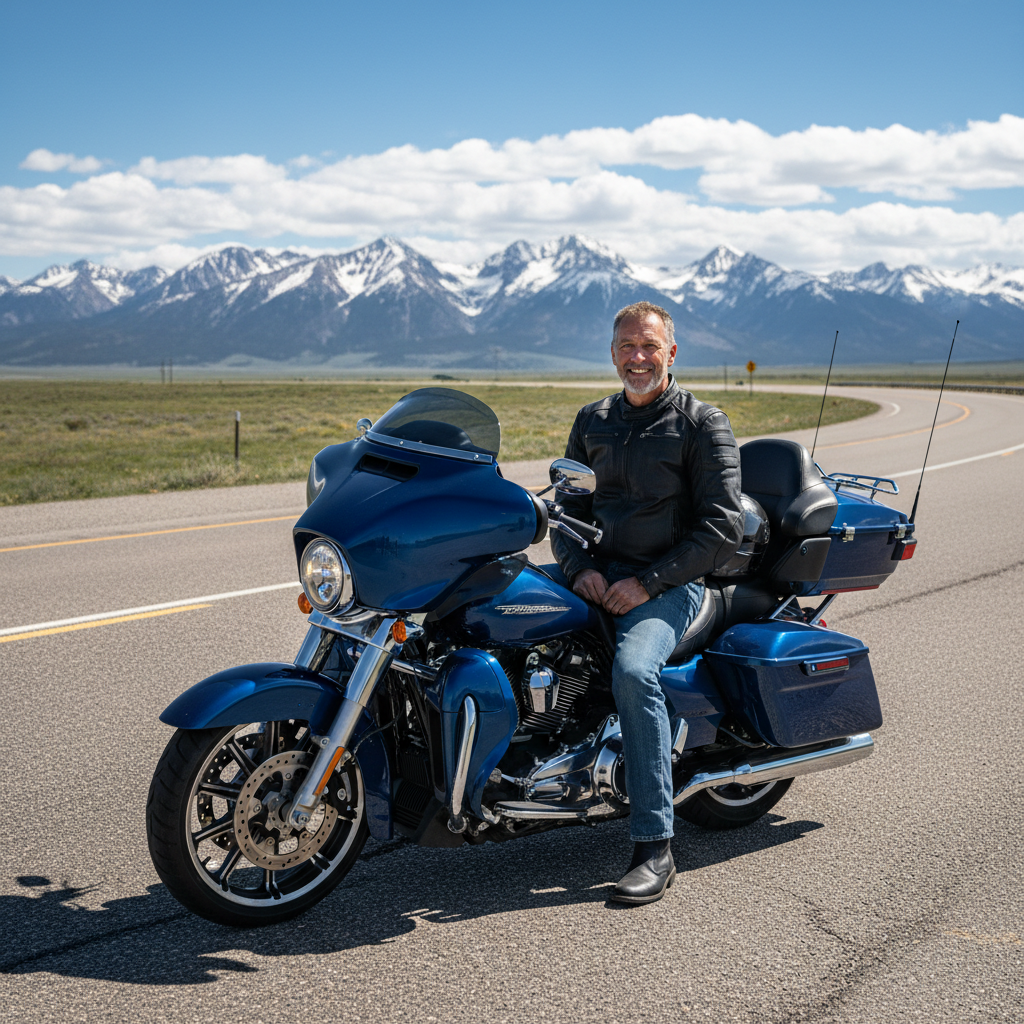 Large touring motorcycle on an open highway with mountains in the distance
