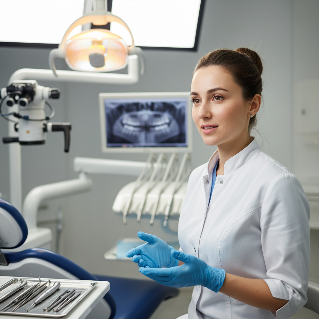 Dr. Sarah Whitmore, endodontist in a collarless clinical jacket, standing in front of a softly blurred operatory, expression mid-sentence as if explaining something gently