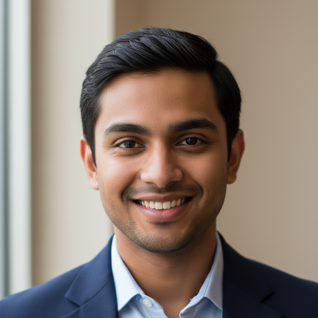 Young Indian man with calm expression, neutral background, professional photo