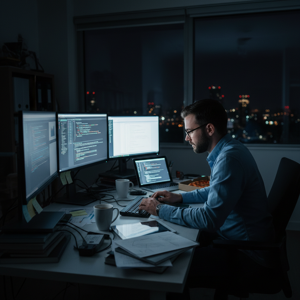 Dark entrepreneurial workspace with multiple screens showing business systems, atmospheric dim lighting, deep shadows, moody professional environment