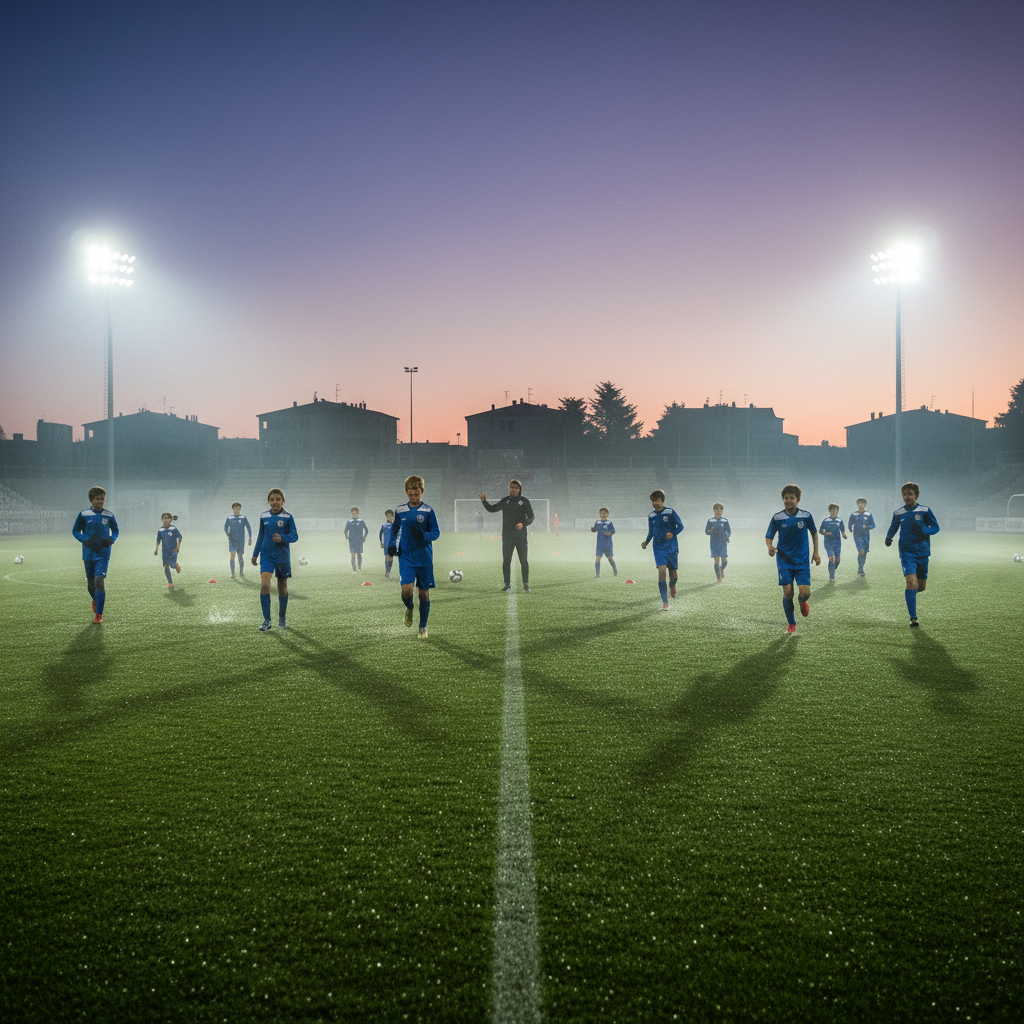 Young soccer players training on dewy grass at dawn, running drills in formation under floodlights