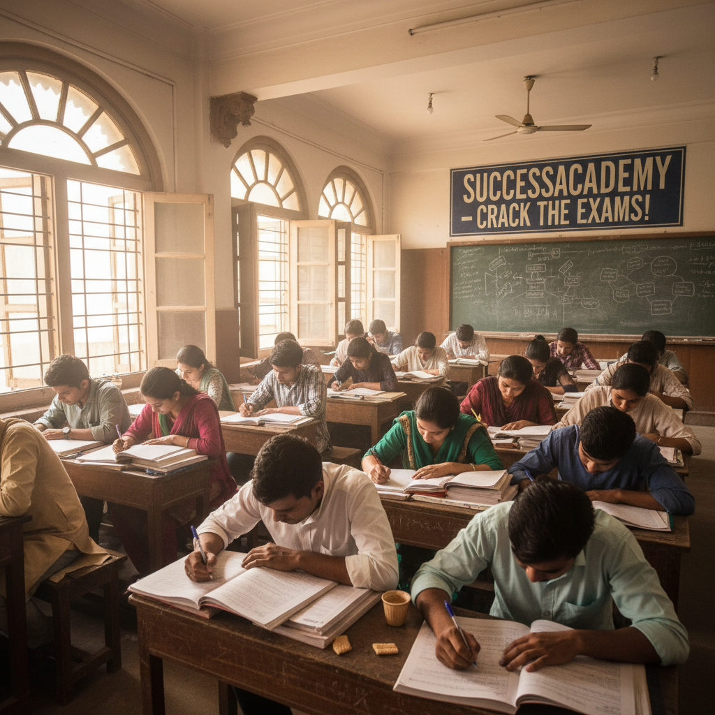 Children studying in a traditional Indian classroom setting with books and a teacher
