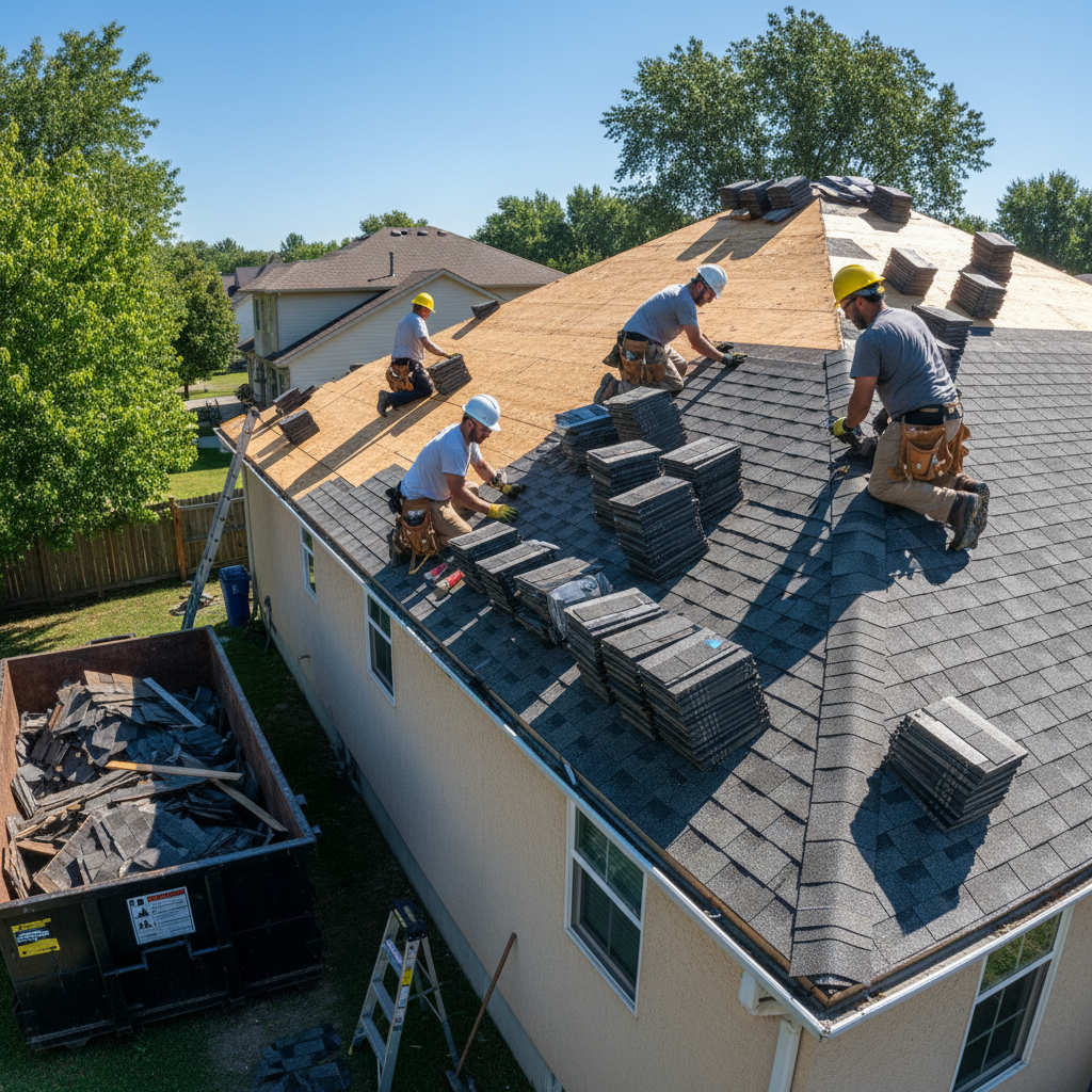 Professional roofing contractors at work on a Chicago home — workers in safety gear installing shingles, clear blue sky