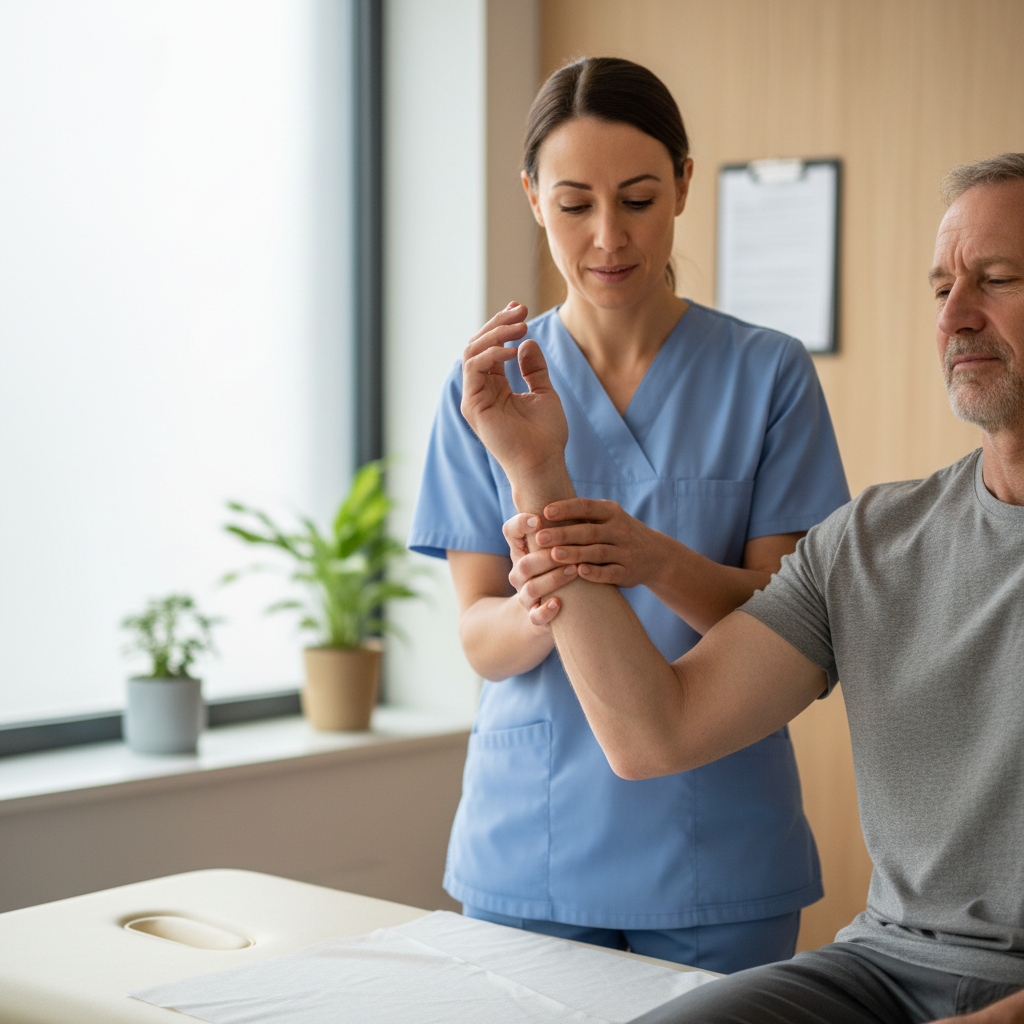 Physiotherapist gently guiding a patient through wrist range-of-motion exercises