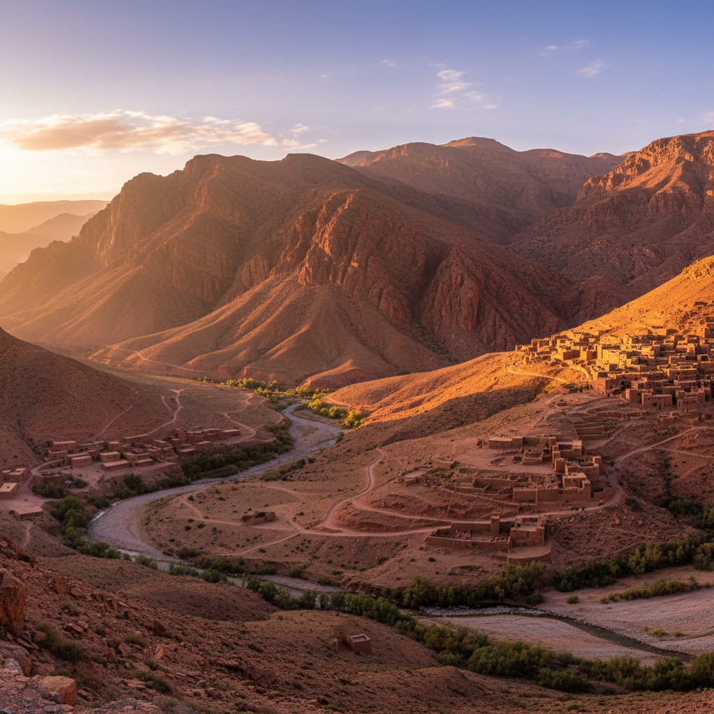 Rugged mountain trail in the Moroccan Atlas range with red earth and dramatic ridgelines