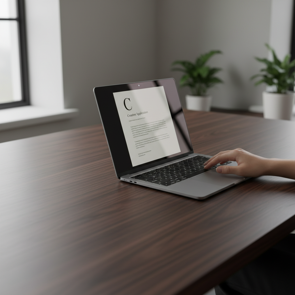Minimalist dark walnut desk with open laptop displaying a beautifully formatted cover letter, human hand resting on trackpad