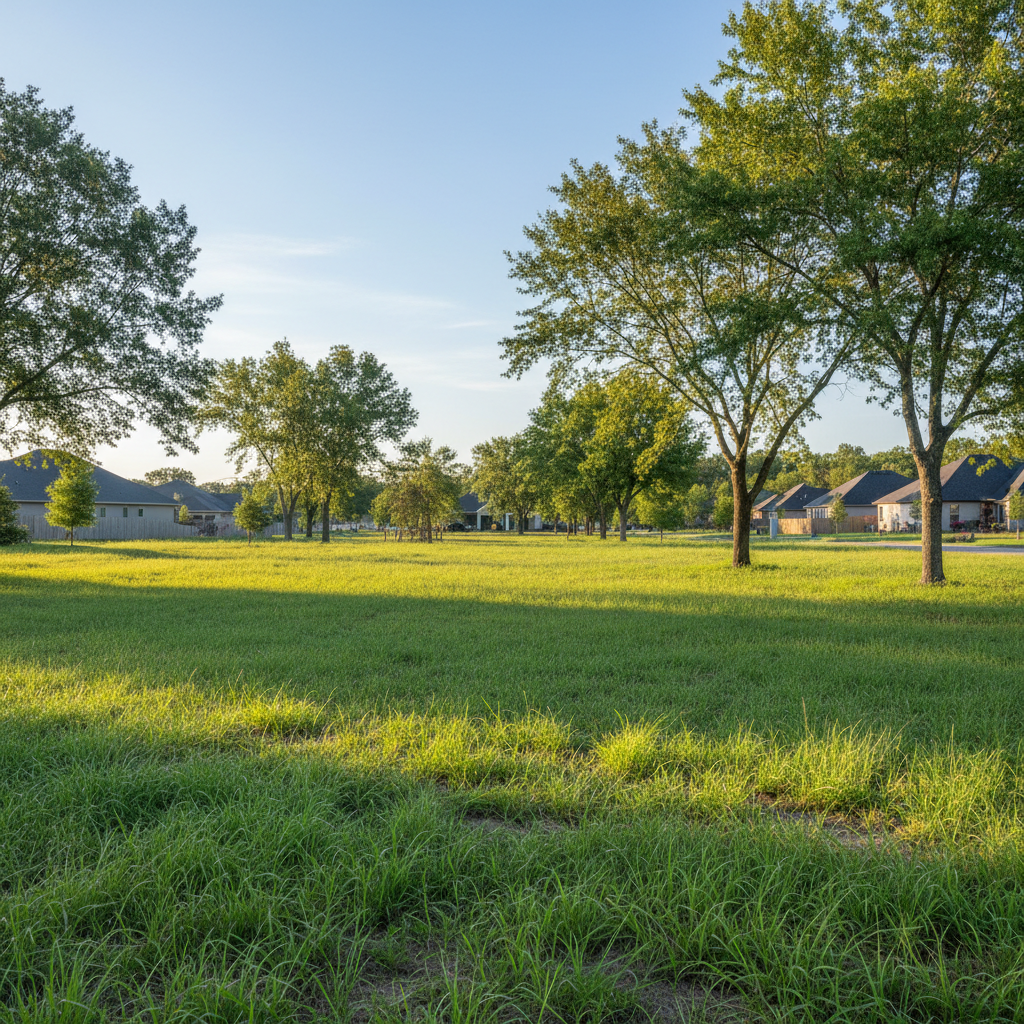 Open land plot in a well-developed residential estate, bright sunny day, green surroundings