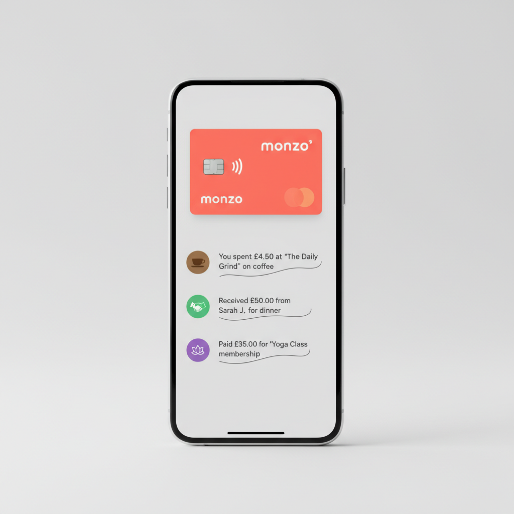Monzo coral card on white desk with phone showing banking app, bright clean product shot