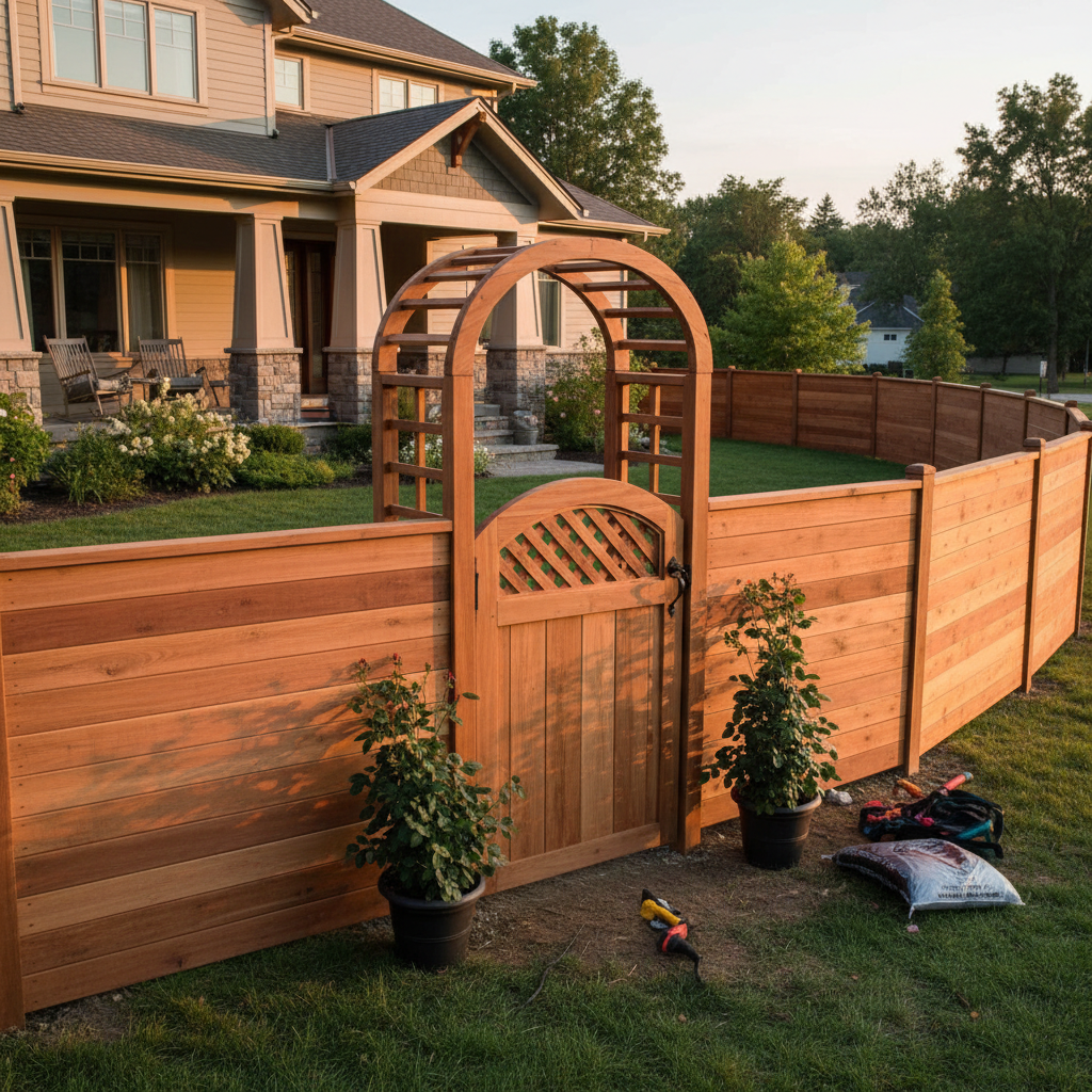 Glen Park backyard cedar fence installation with custom arched gate completed job site