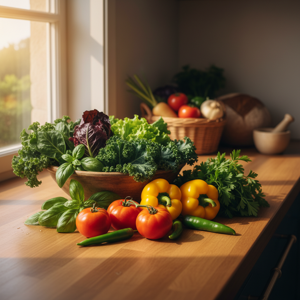 Fresh vegetables and herbs on a warm kitchen counter