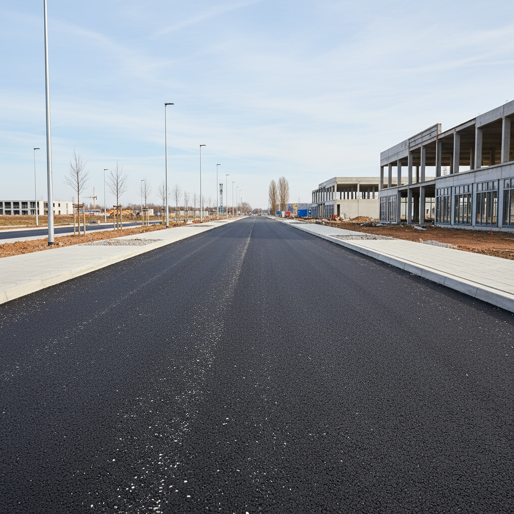 Neue Erschließungsstraße in Berlin-Marzahn, frisch geteert, Bordsteine gesetzt, industrielles Umfeld