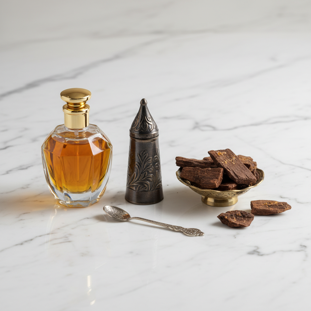 Gold-toned bakhoor accessories including tongs and spoon on dark marble surface