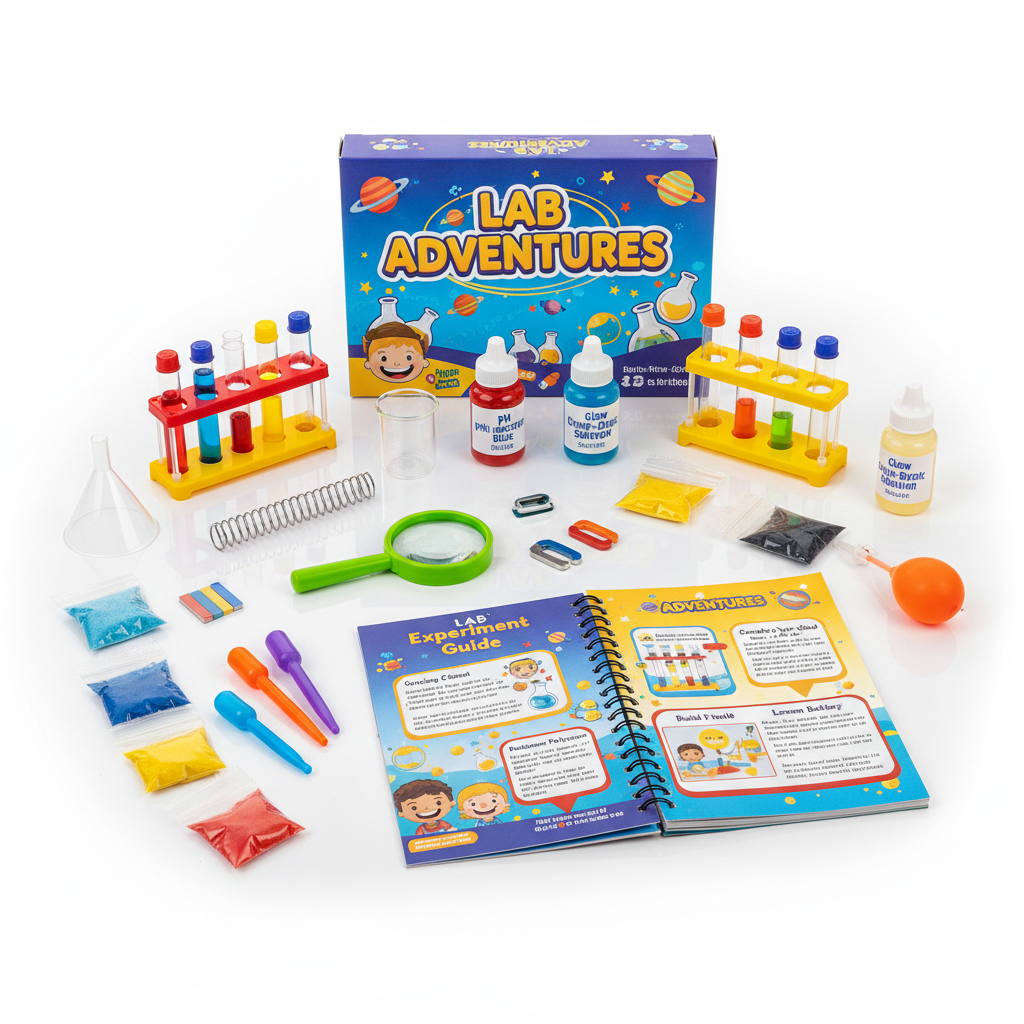 Science kit box with test tubes, magnifying glass and colorful experiment materials on bright background