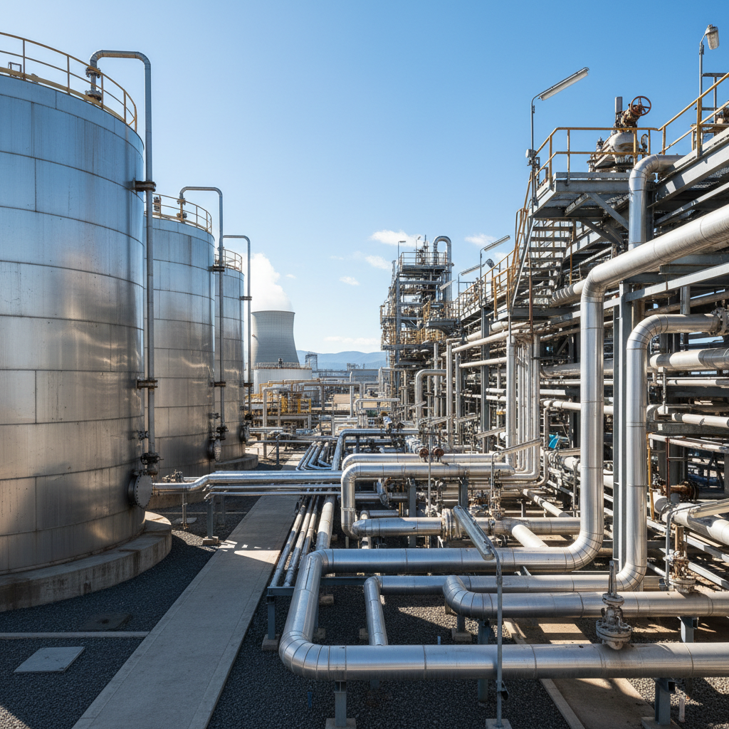 Industrial chemical processing facility with large storage tanks and pipelines for sulphur handling
