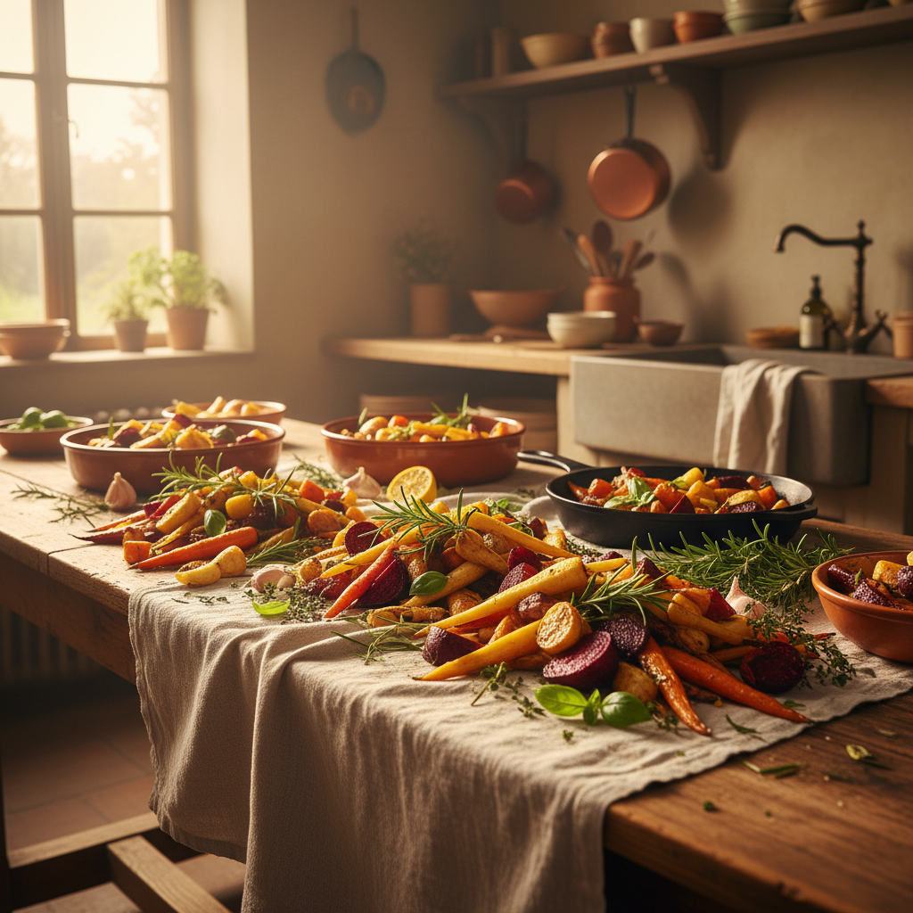 Warm kitchen scene, morning tea preparation, golden hour light, soft cream tones, cozy atmosphere