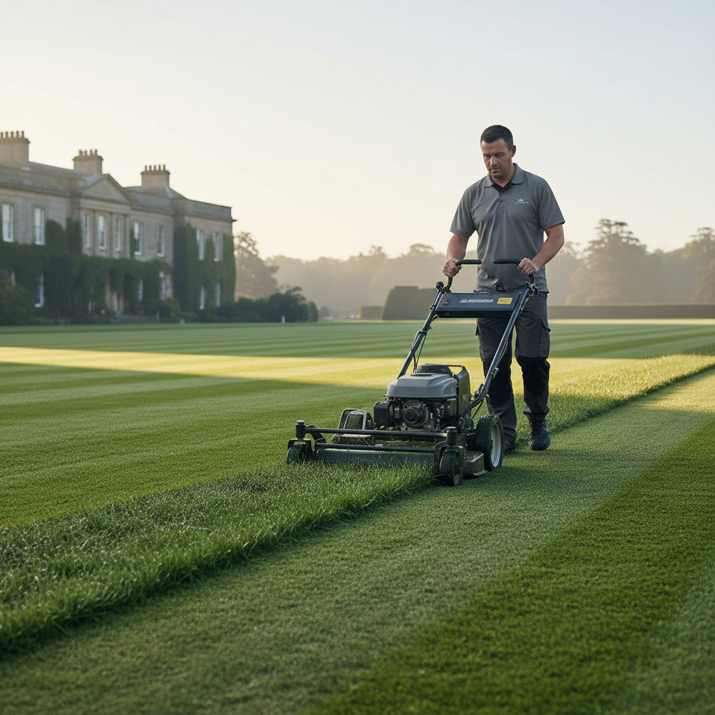 Professional groundsman mowing a large green lawn at a Delhi farmhouse property in early morning
