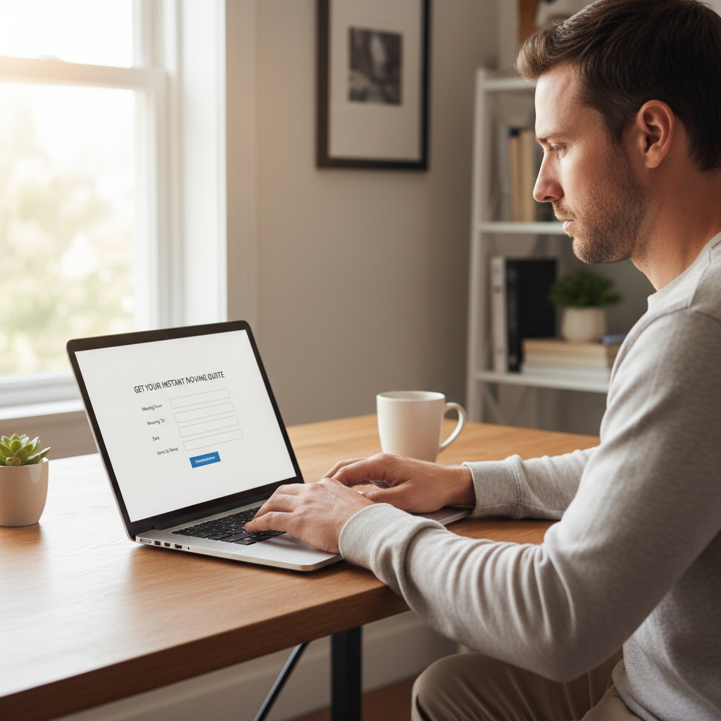 Person filling out a shipping booking form on a laptop computer at a desk