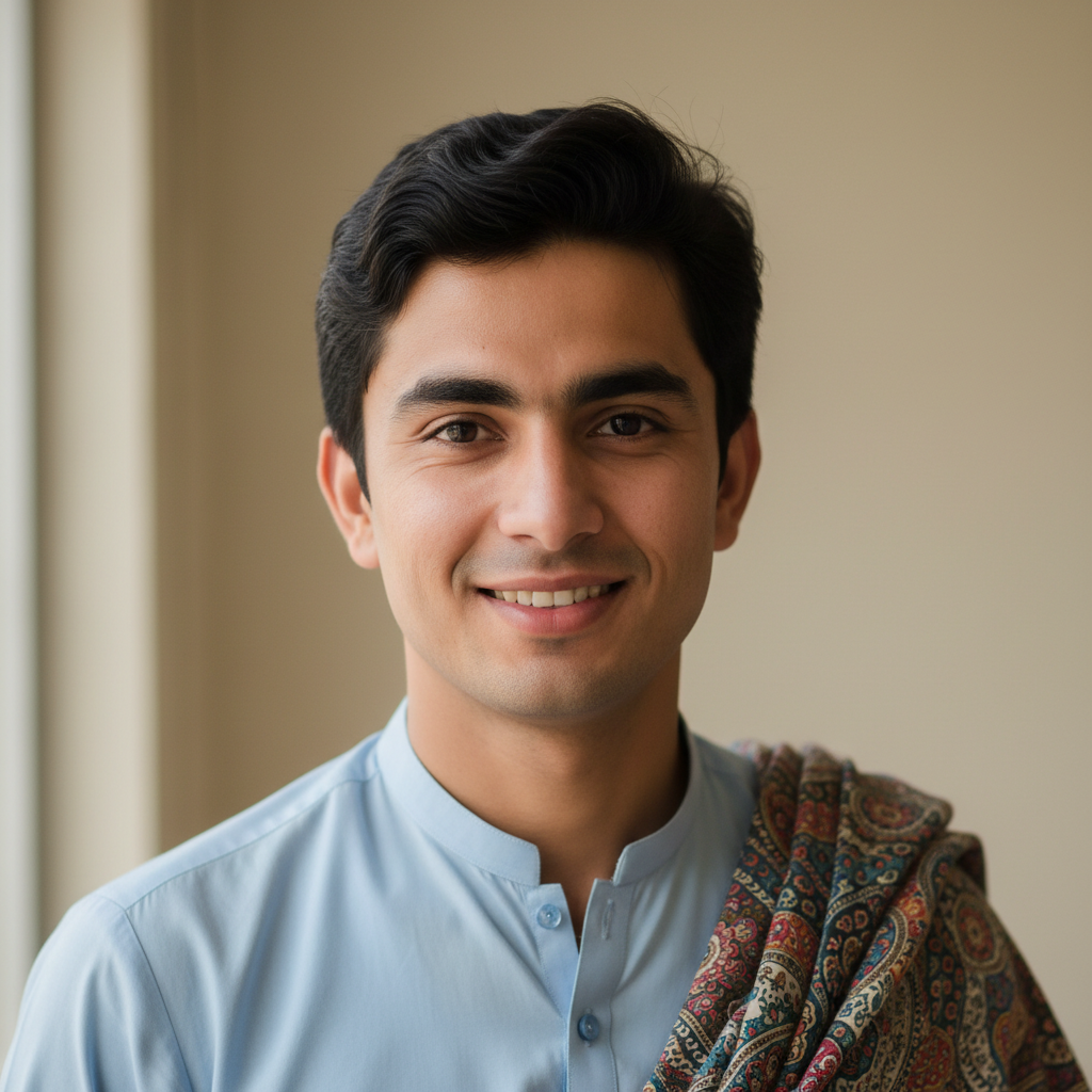 Young Pakistani man in casual clothes, bright natural light, outdoor setting