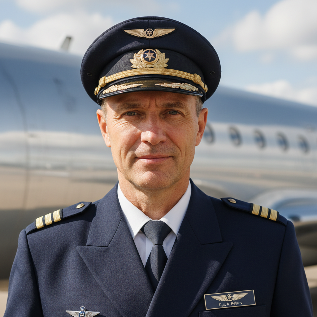 Pilot headshot in uniform against aircraft exterior