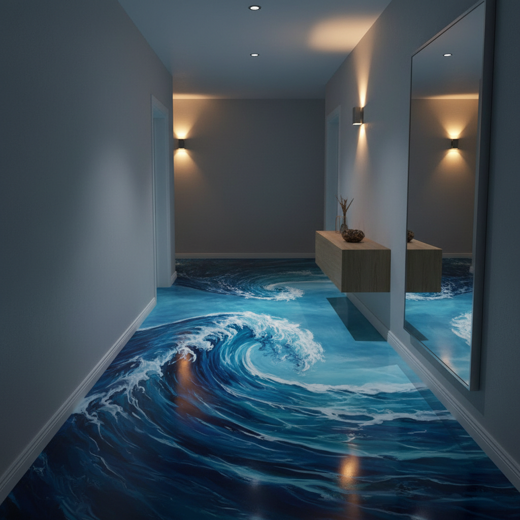 Elegant Manly beachside home with pearl white metallic epoxy living room floor, subtle shimmer effect under natural coastal light