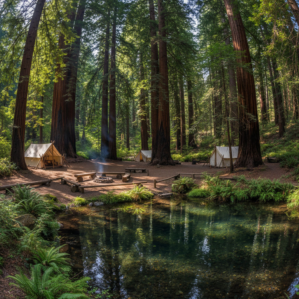 Rustic campground with tall redwood trees and natural swimming hole in California