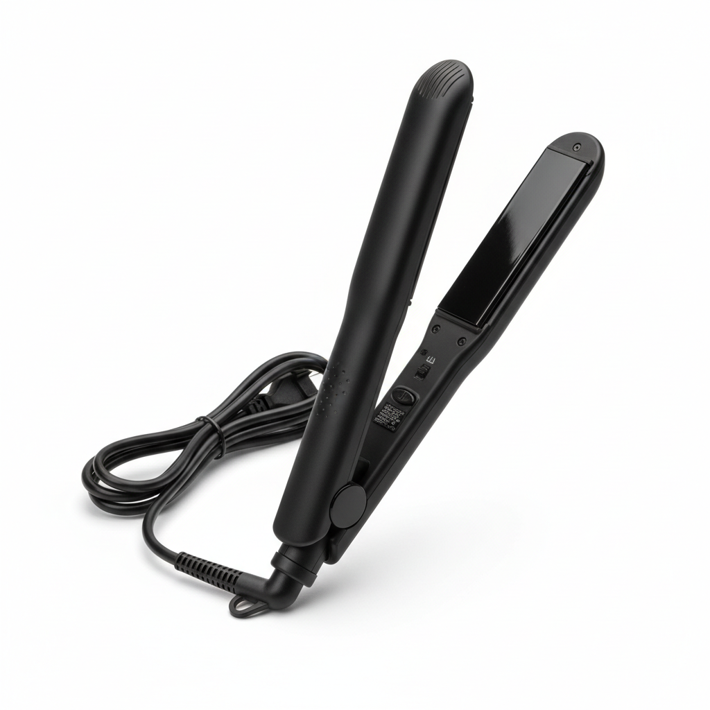 Professional electric hair straightener on white surface, bright clean product photography