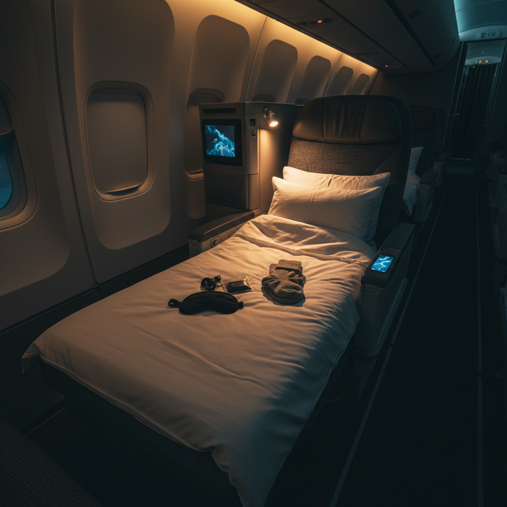 Professional cabin crew team in uniform, dark aircraft interior, deep shadows, atmospheric lighting