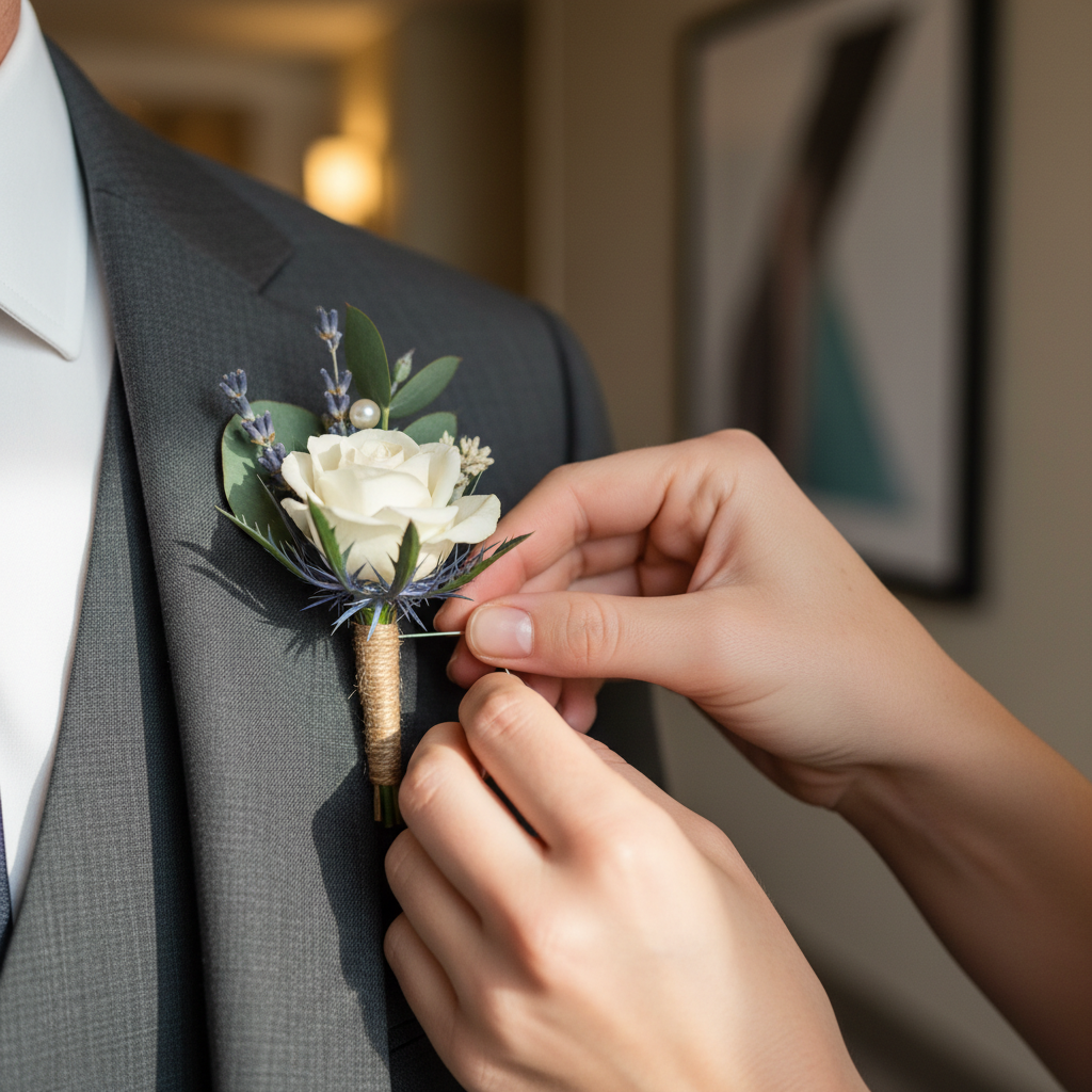Wedding coordinator pinning boutonnière in hotel corridor