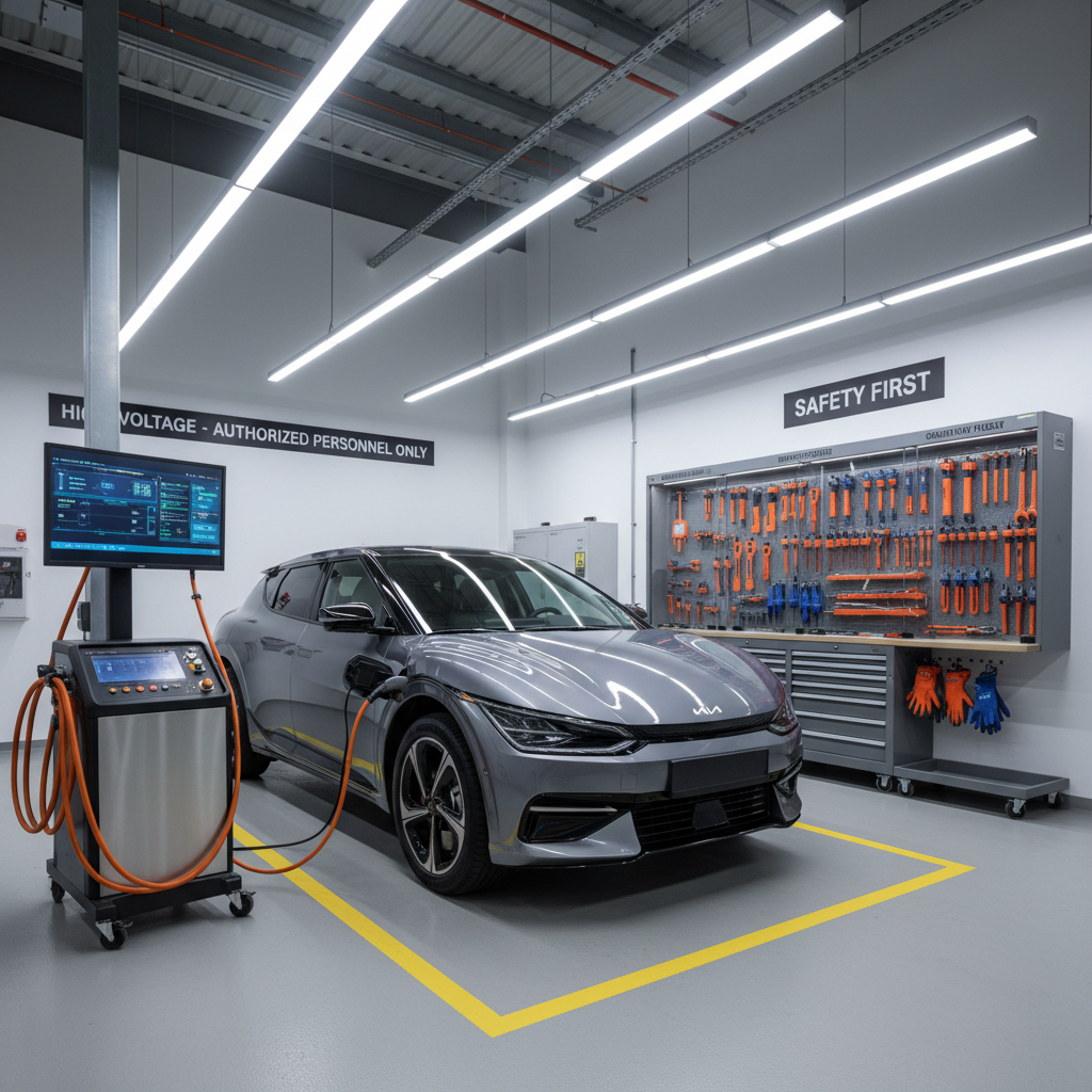 High-voltage EV service room with insulated tools and a Kia EV6 connected to diagnostic equipment