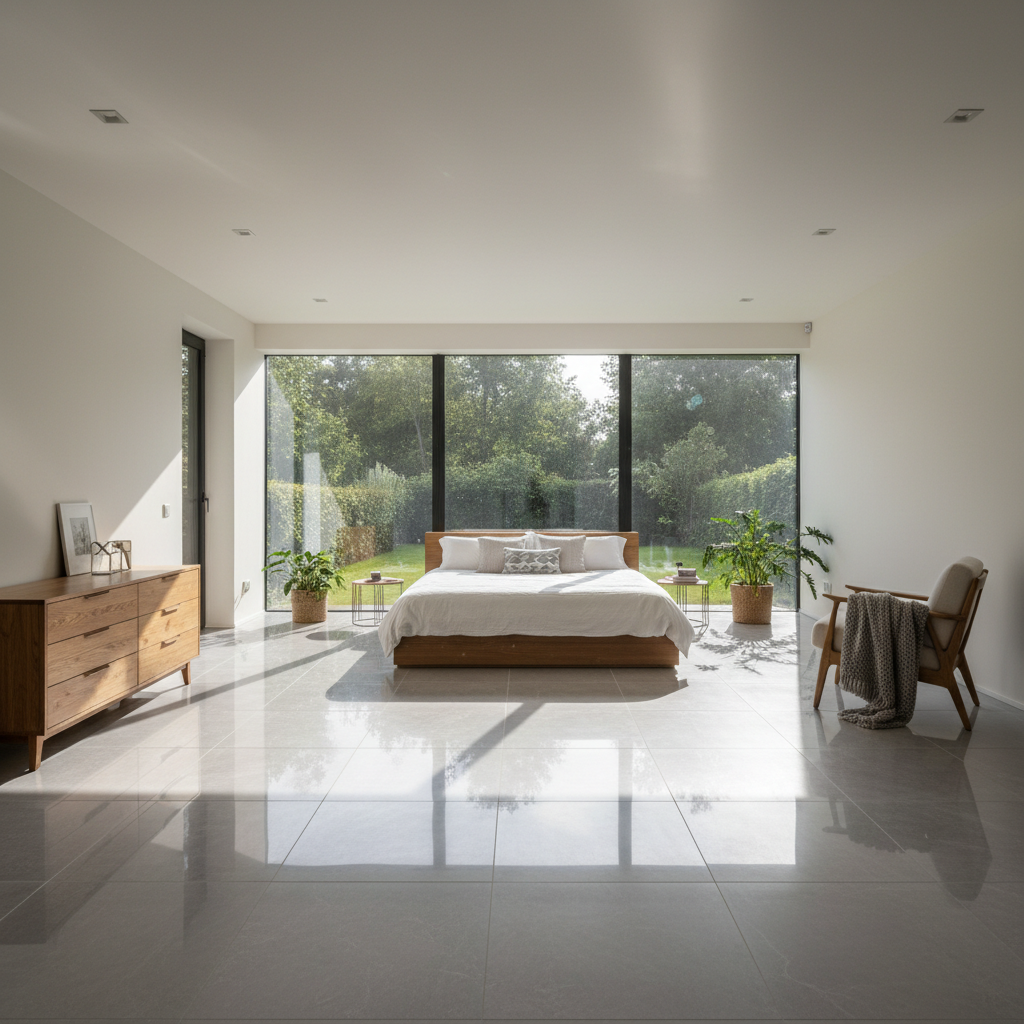 Bright self-contained room with tiled floor and large window overlooking garden