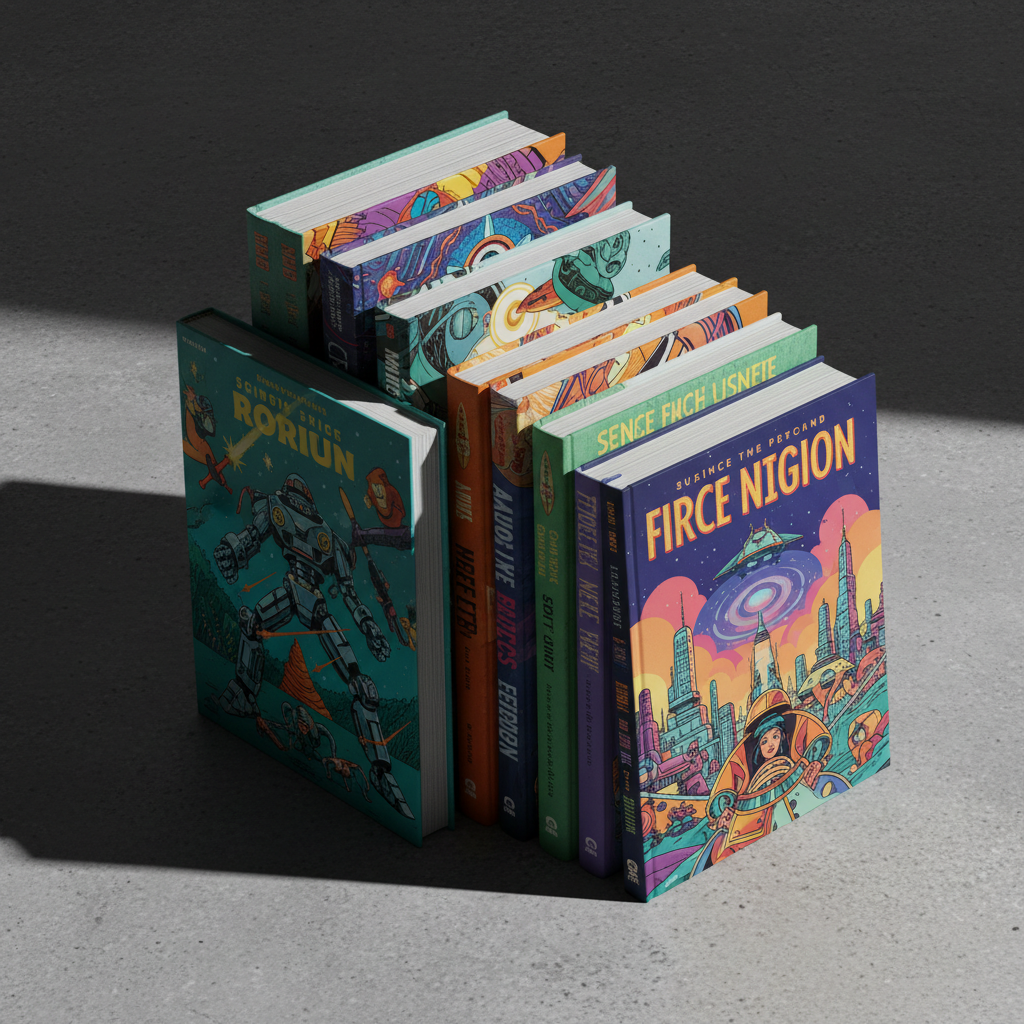 Graphic novels and sci-fi books with vibrant illustrated covers stacked in dramatic lighting
