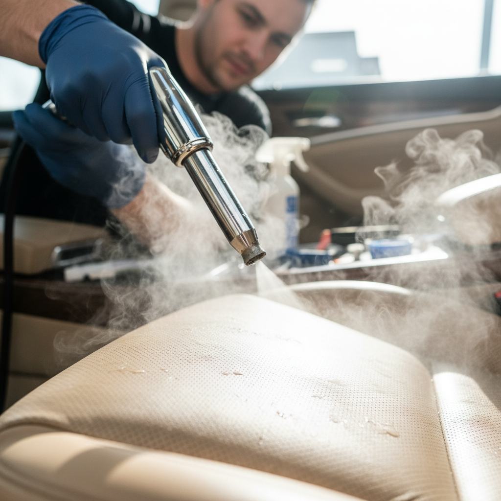 Professional car interior detailing showing deep cleaning of leather seats with brushes and chemical products