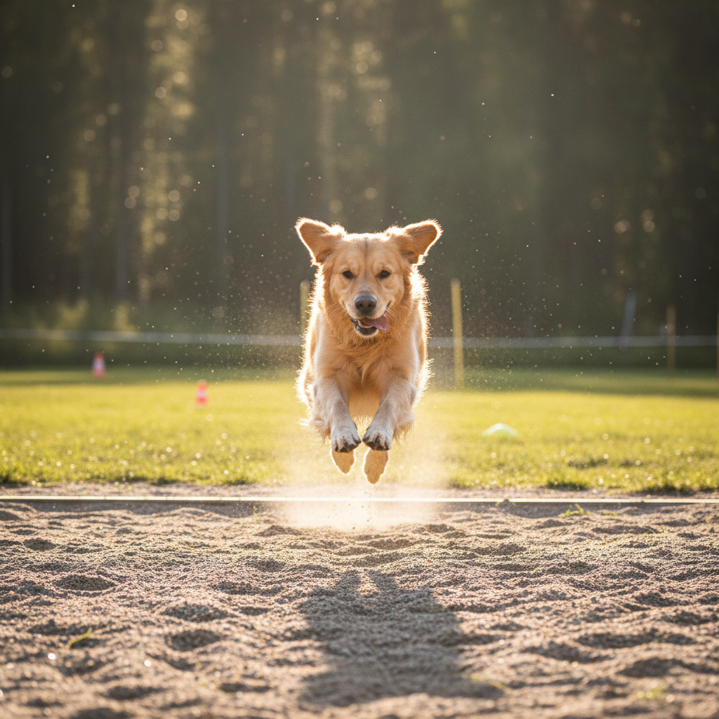 Golden retriever clearing a broad jump in training