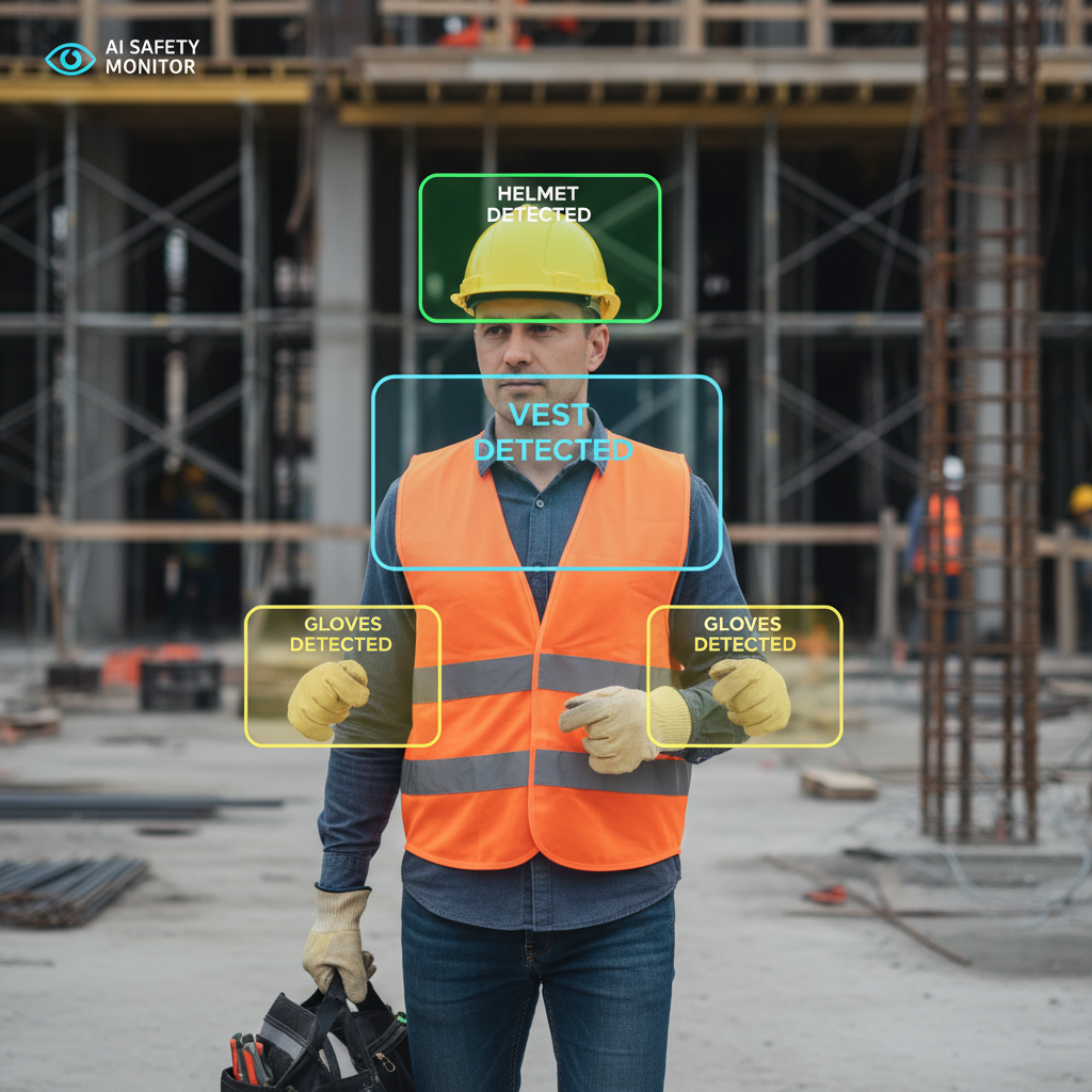 PPE detection AI system — real deployment screenshot monitoring worker safety compliance in manufacturing facility