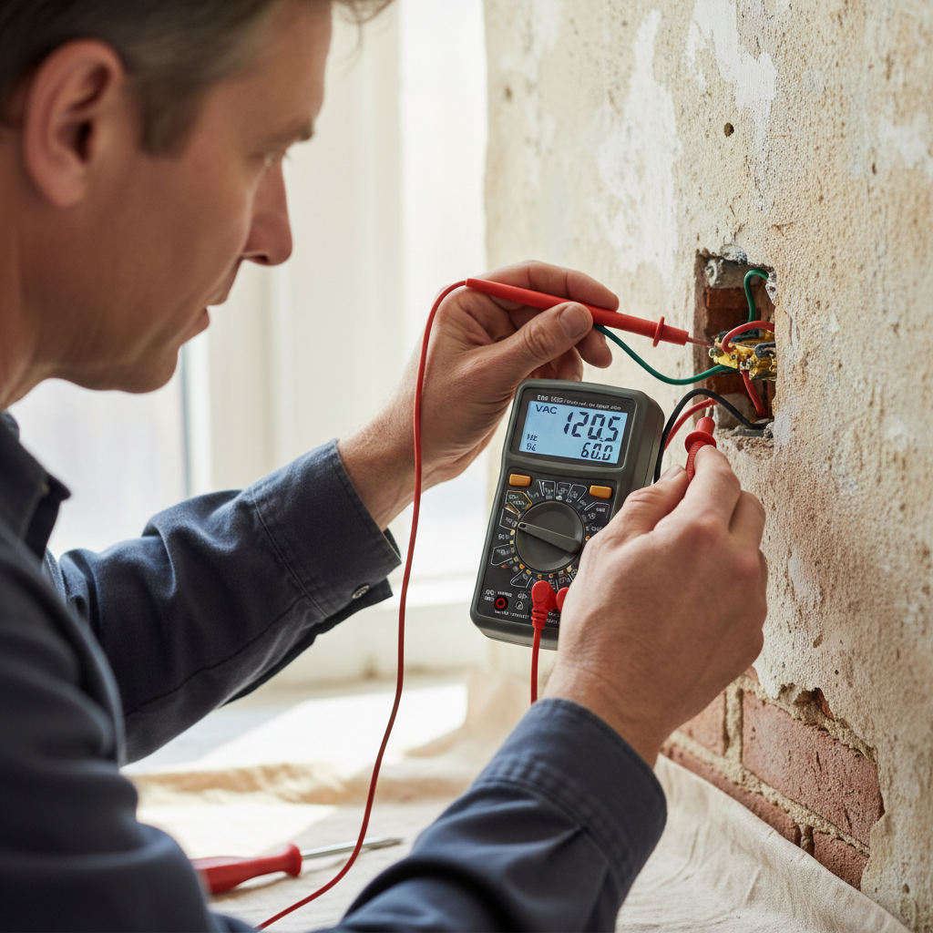 Electrician using a voltage tester to diagnose an electrical fault in a bright workshop