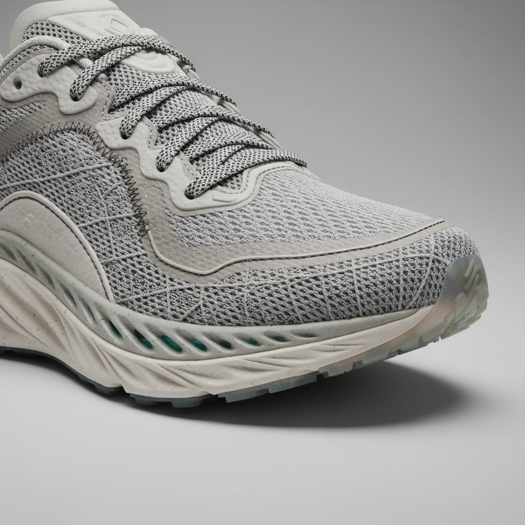 Dark athletic sneakers with blue mesh details on neutral studio background