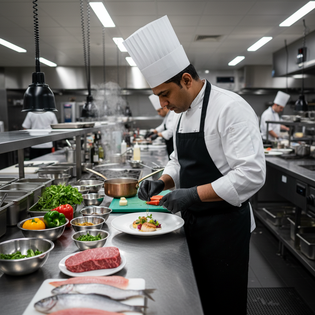 Michelin-starred chef in white jacket carefully plating a refined dish in a professional kitchen