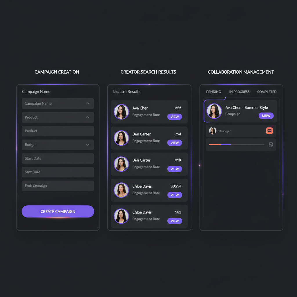 Dark dashboard interface showing campaign management with blue data charts and metrics