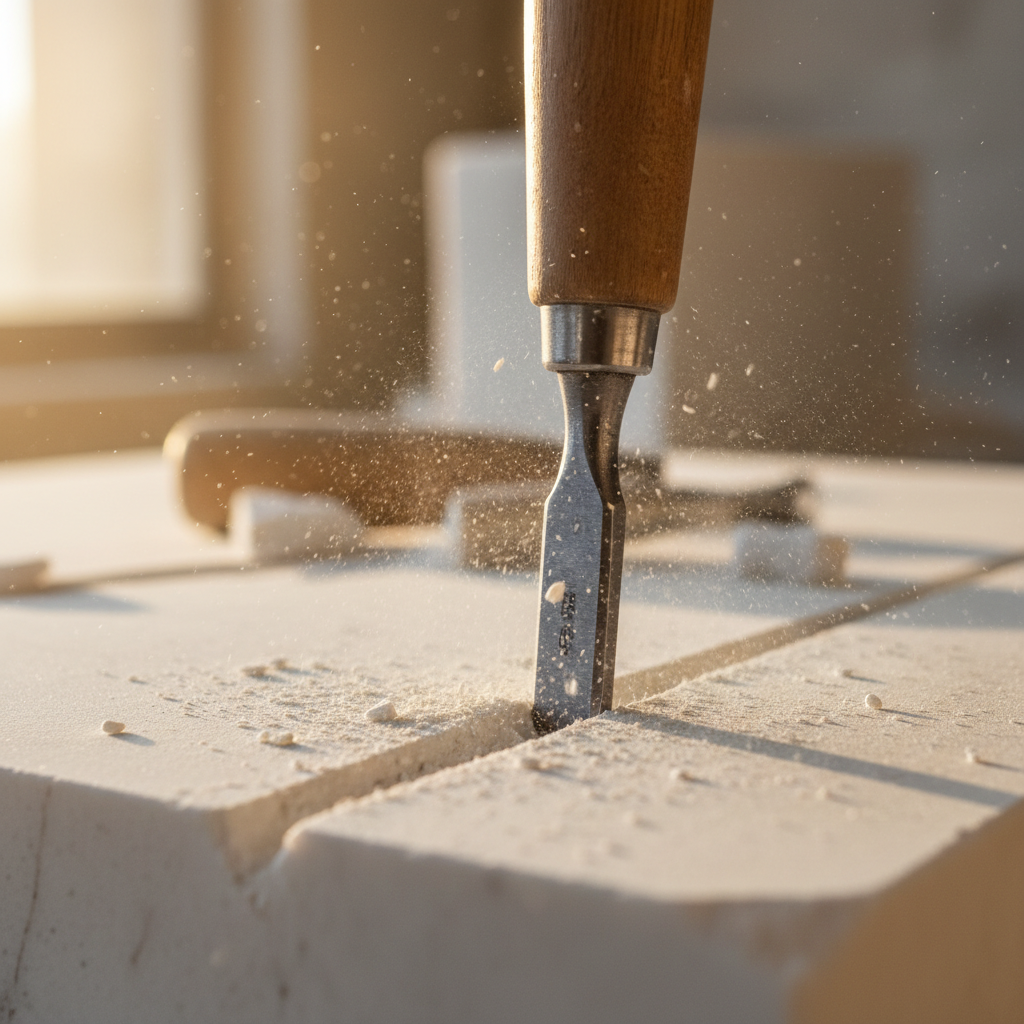 Close-up of chisel cutting into white marble, fine dust lifting in morning light